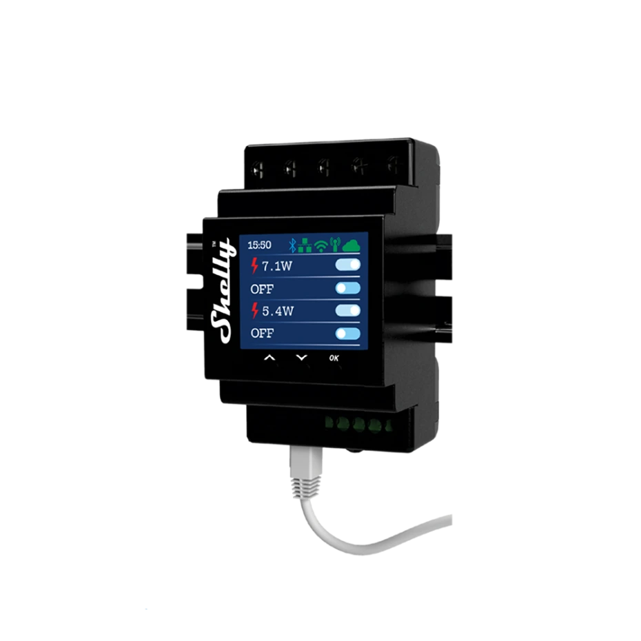 Shelly Pro 4PM V2 écran LCD couleur smart home Maroc — Domoclick.ma