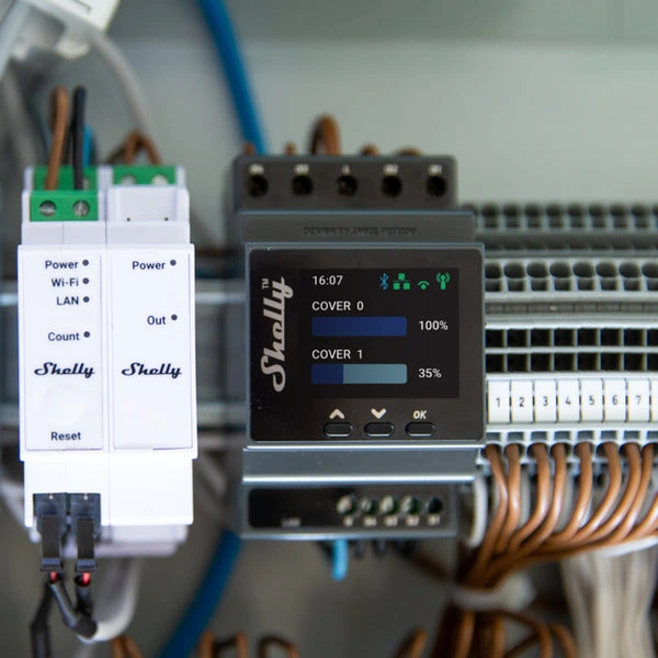 Shelly Pro Dual Cover PM installation DIN rail domotique Maroc — Domoclick.ma