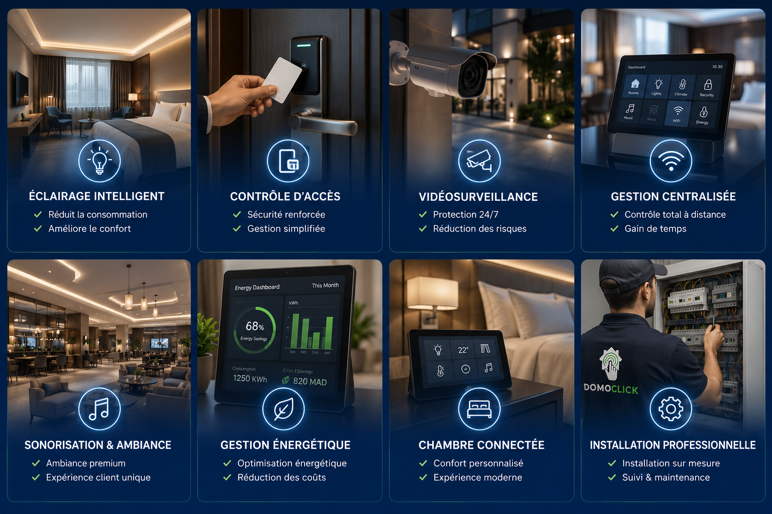 Installation domotique pour hôtels au Maroc : éclairage intelligent, contrôle d’accès, caméras et automatisation WiFi. Demandez votre devis avec Domoclick.ma.