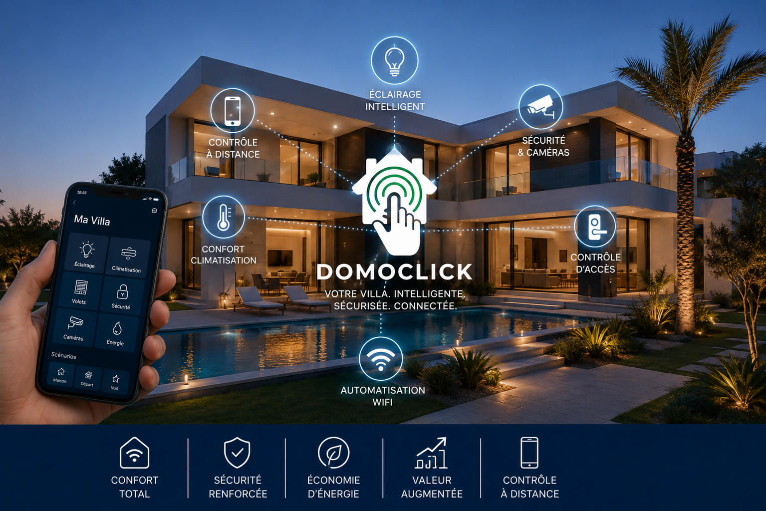 Installation domotique villa au Maroc : éclairage intelligent, sécurité, automatisation WiFi et contrôle à distance. Demandez votre devis avec Domoclick.