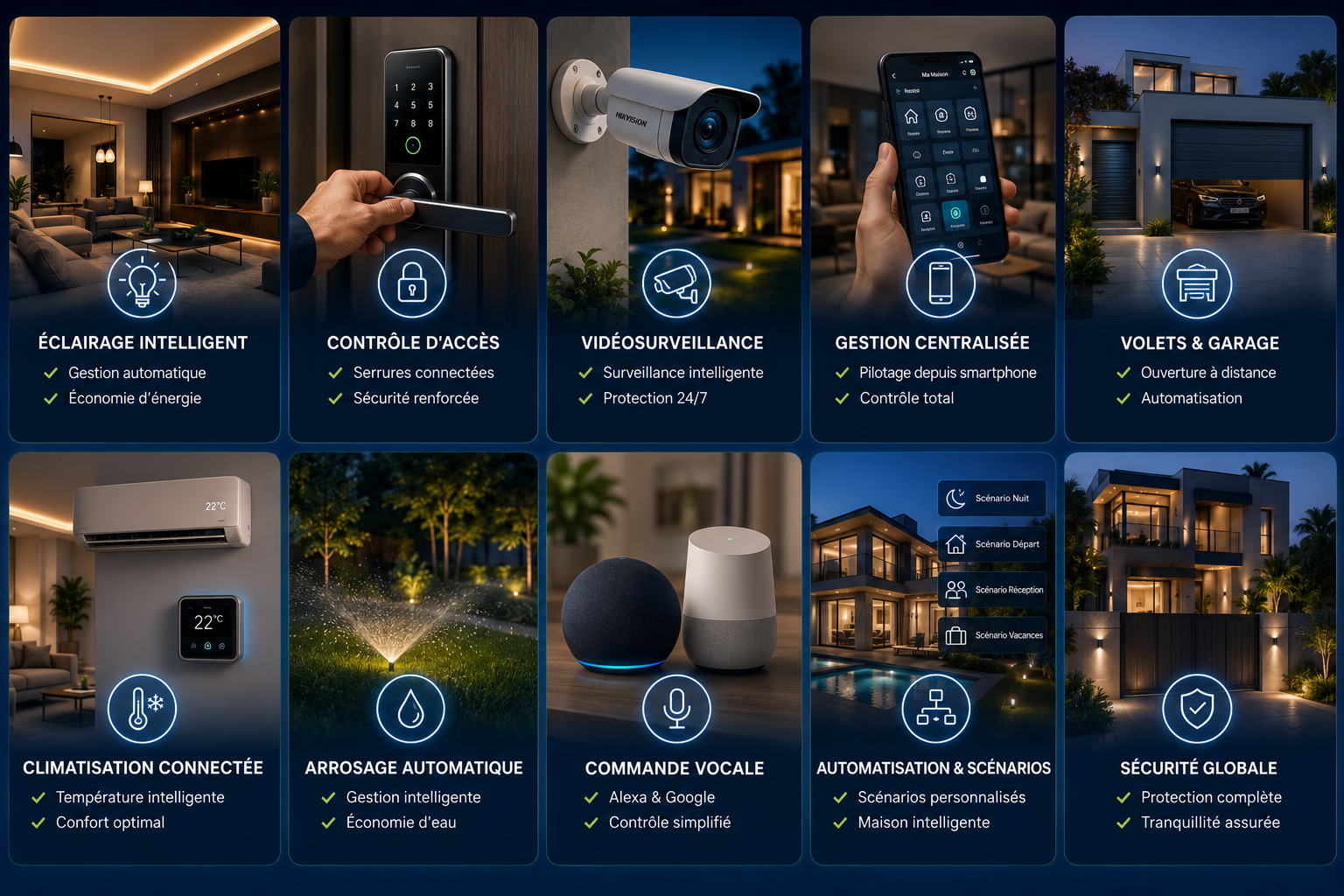 Découvrez les principales solutions de domotique pour villa proposées par Domoclick, le meilleur installateur domotique pour villa au Maroc. Cette illustration présente les services essentiels pour transformer une maison en villa intelligente  éclairage connecté, contrôle d'accès, vidéosurveillance, gestion centralisée, volets et garage motorisés, climatisation intelligente, arrosage automatique, commande vocale et scénarios d'automatisation.  Grâce à des solutions modernes et personnalisées, Domoclick permet d'améliorer le confort, la sécurité et l'efficacité énergétique de votre villa. Contrôlez l'ensemble de votre maison depuis votre smartphone et profitez d'une expérience haut de gamme adaptée aux exigences des villas modernes au Maroc.  Domoclick, spécialiste de la domotique pour villas au Maroc, vous accompagne de l'étude à l'installation complète avec des équipements professionnels et un service sur mesure.